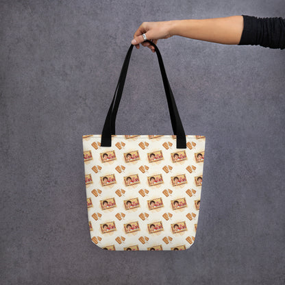 Hand holding tote bag with Parle G biscuit cookie inspired print 