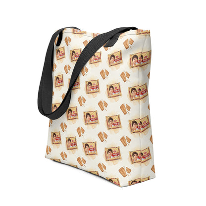 Side view of tote bag with Parle G biscuit cookie inspired print 
