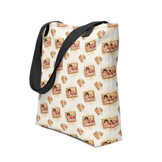 Side view of tote bag with Parle G biscuit cookie inspired print 
