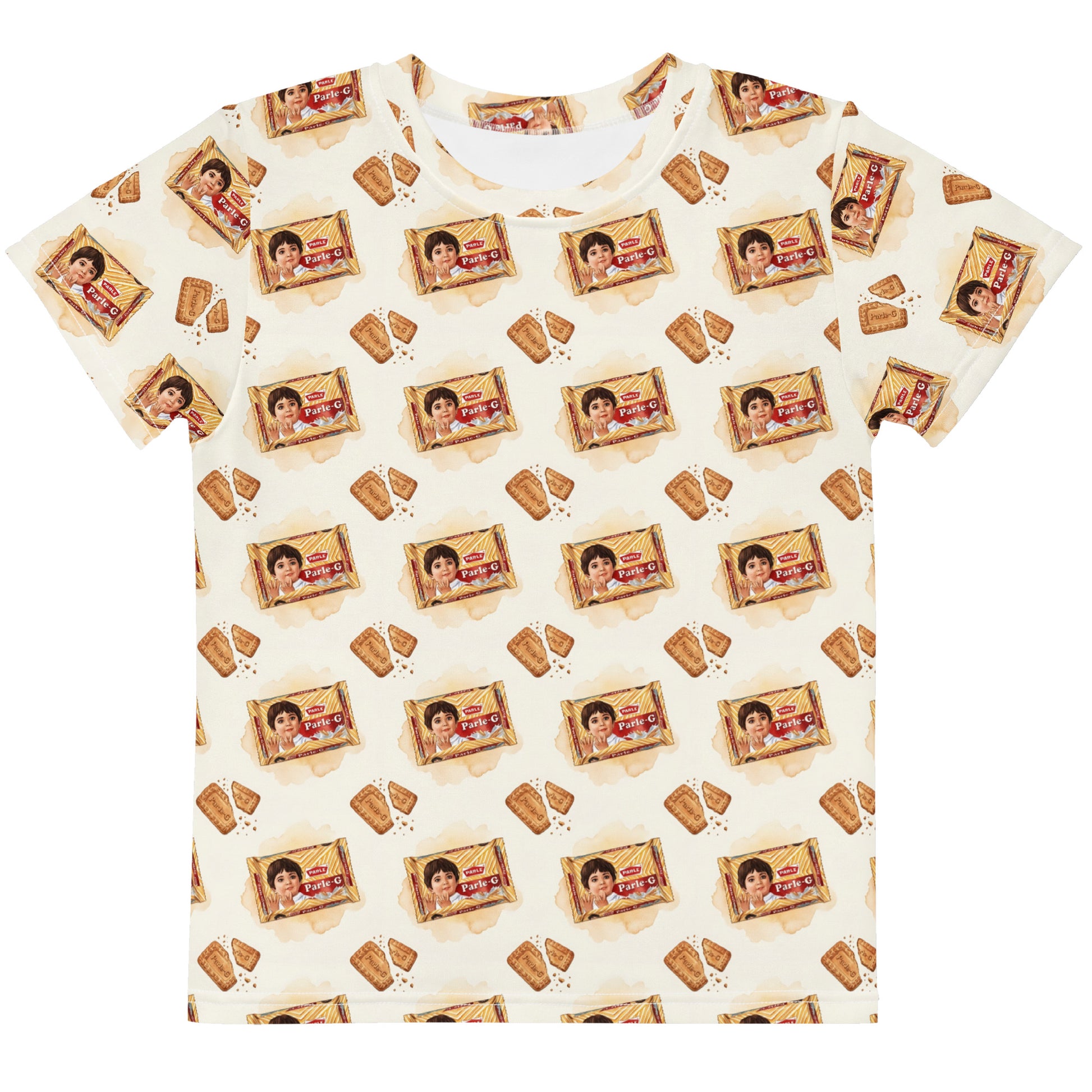 Front view of Parle G biscuit inspired kids tee
