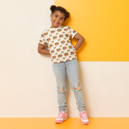 Model wearing Parle G biscuit inspired kids tee