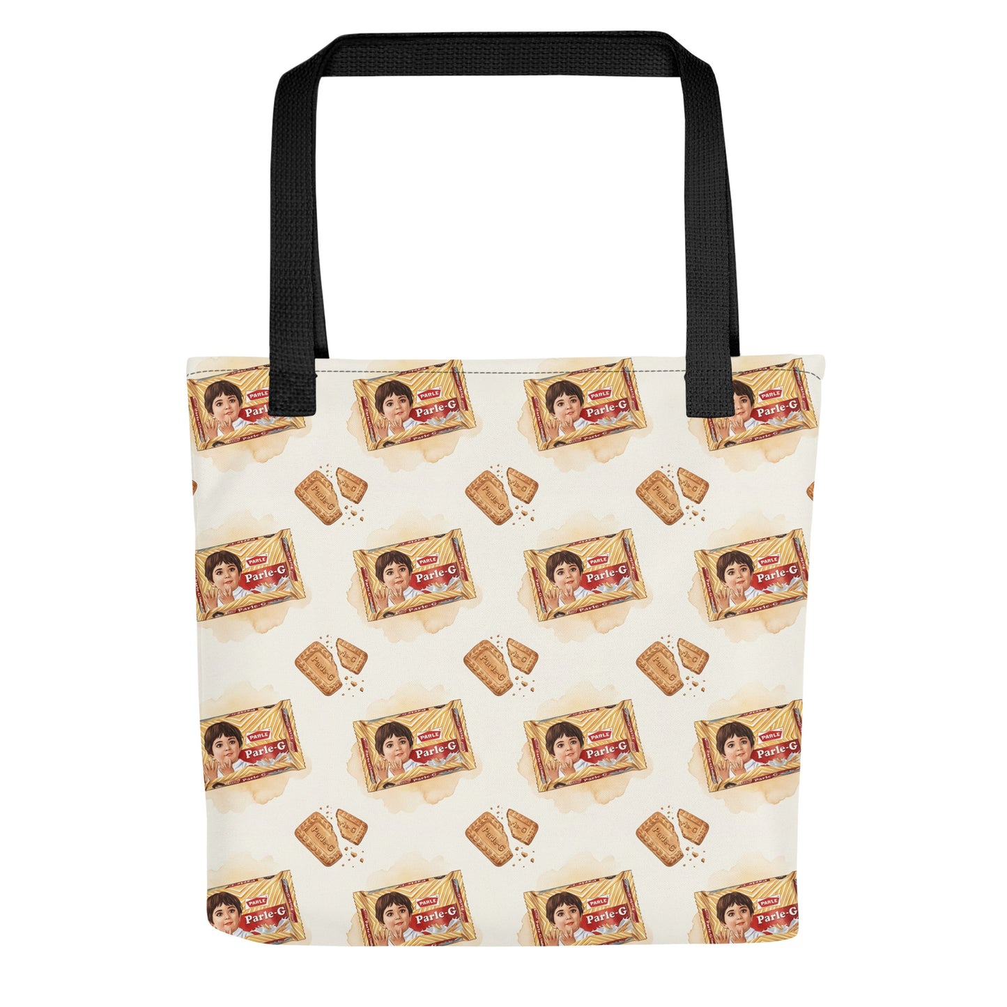 Front view of Parle G biscuit inspired tote bag