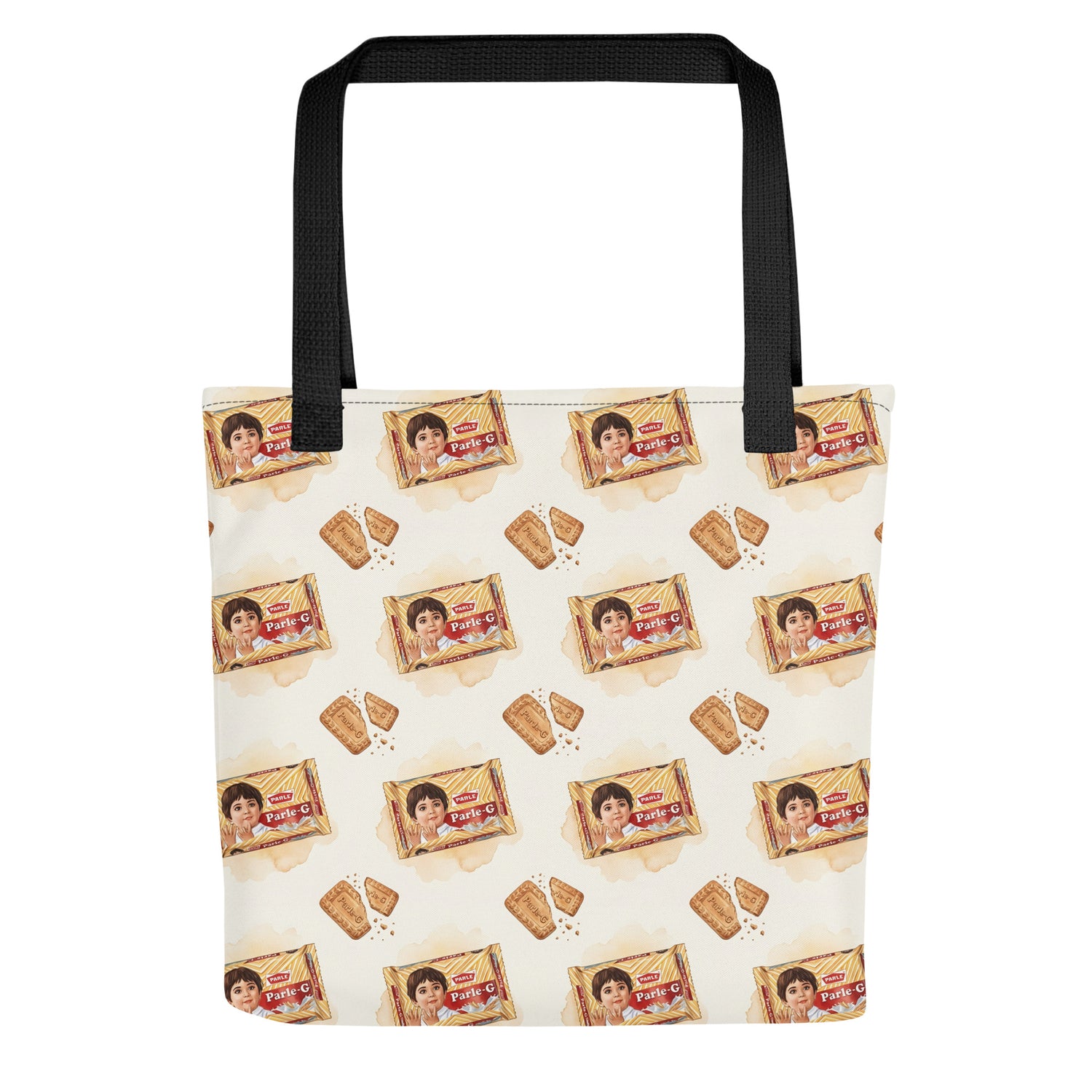 Front view of Parle G biscuit inspired tote bag