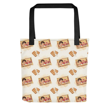 Front view of Parle G biscuit inspired tote bag