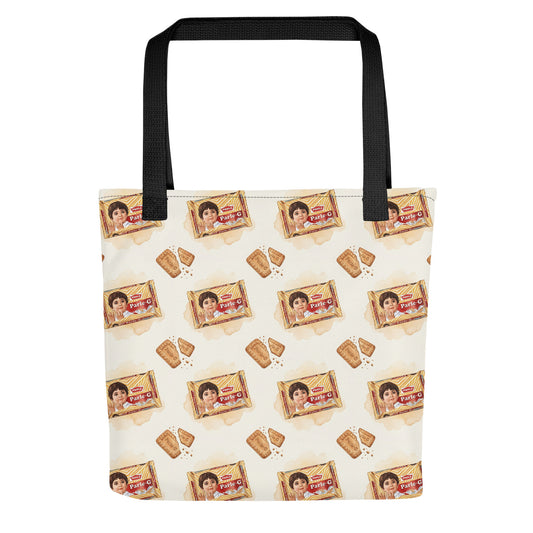 Front view of Parle G biscuit inspired tote bag