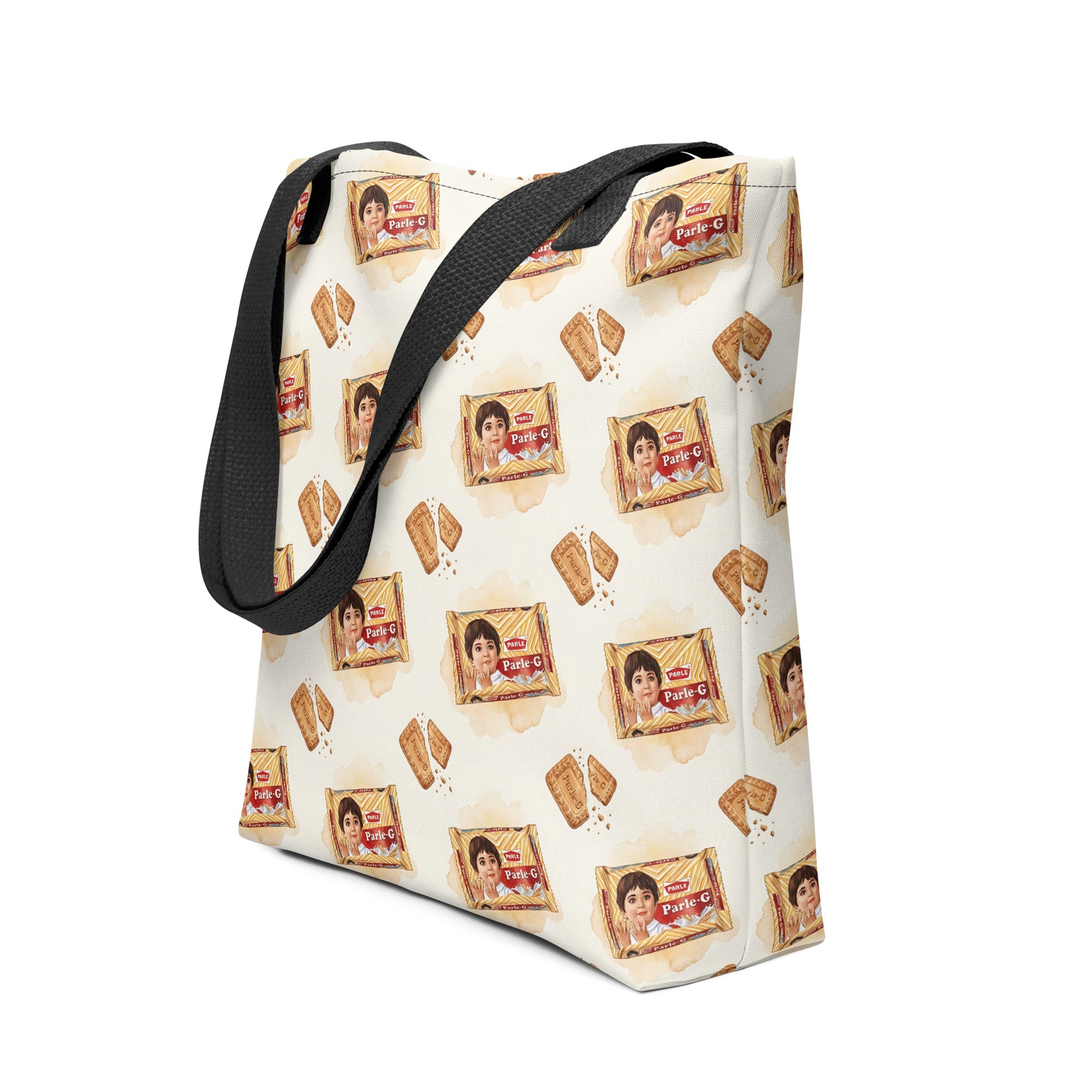 Side view of Parle G biscuit inspired tote bag