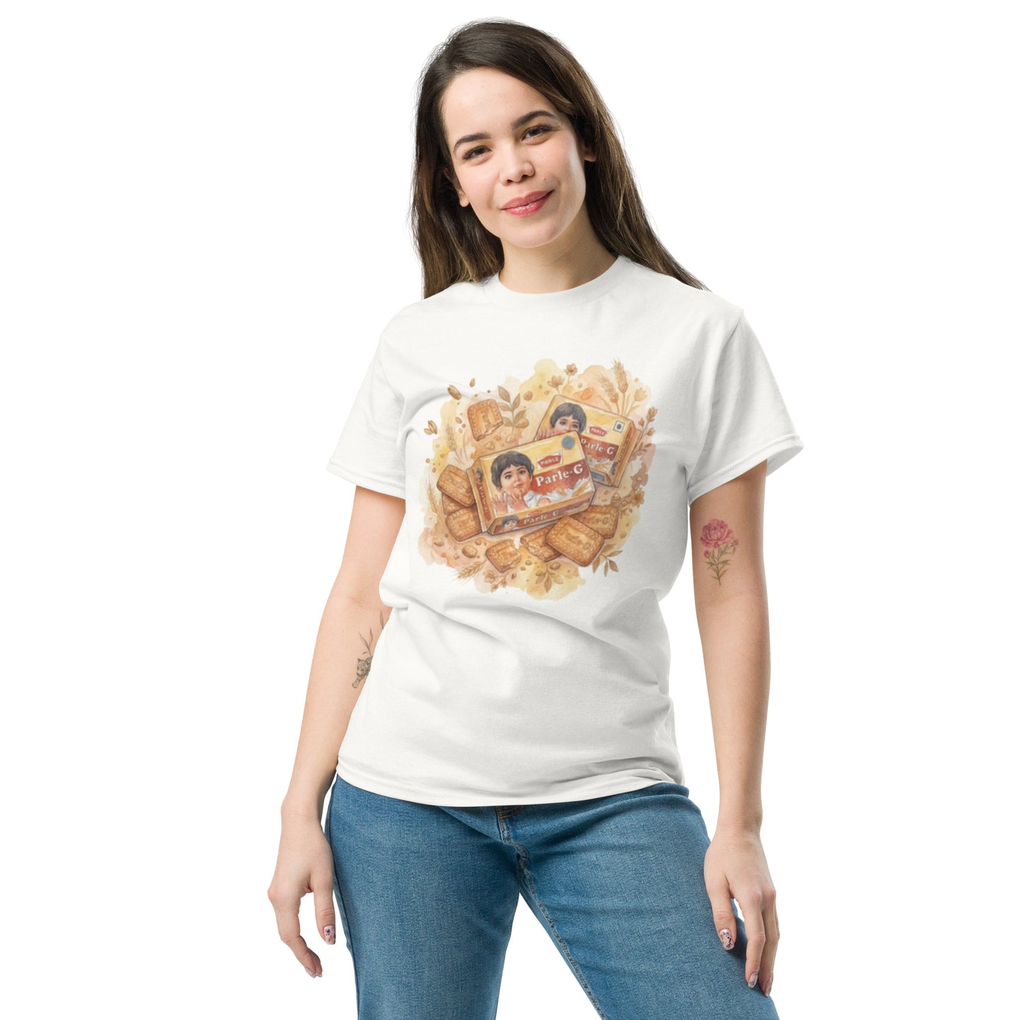 Model wearing Parle G inspired vintage tee