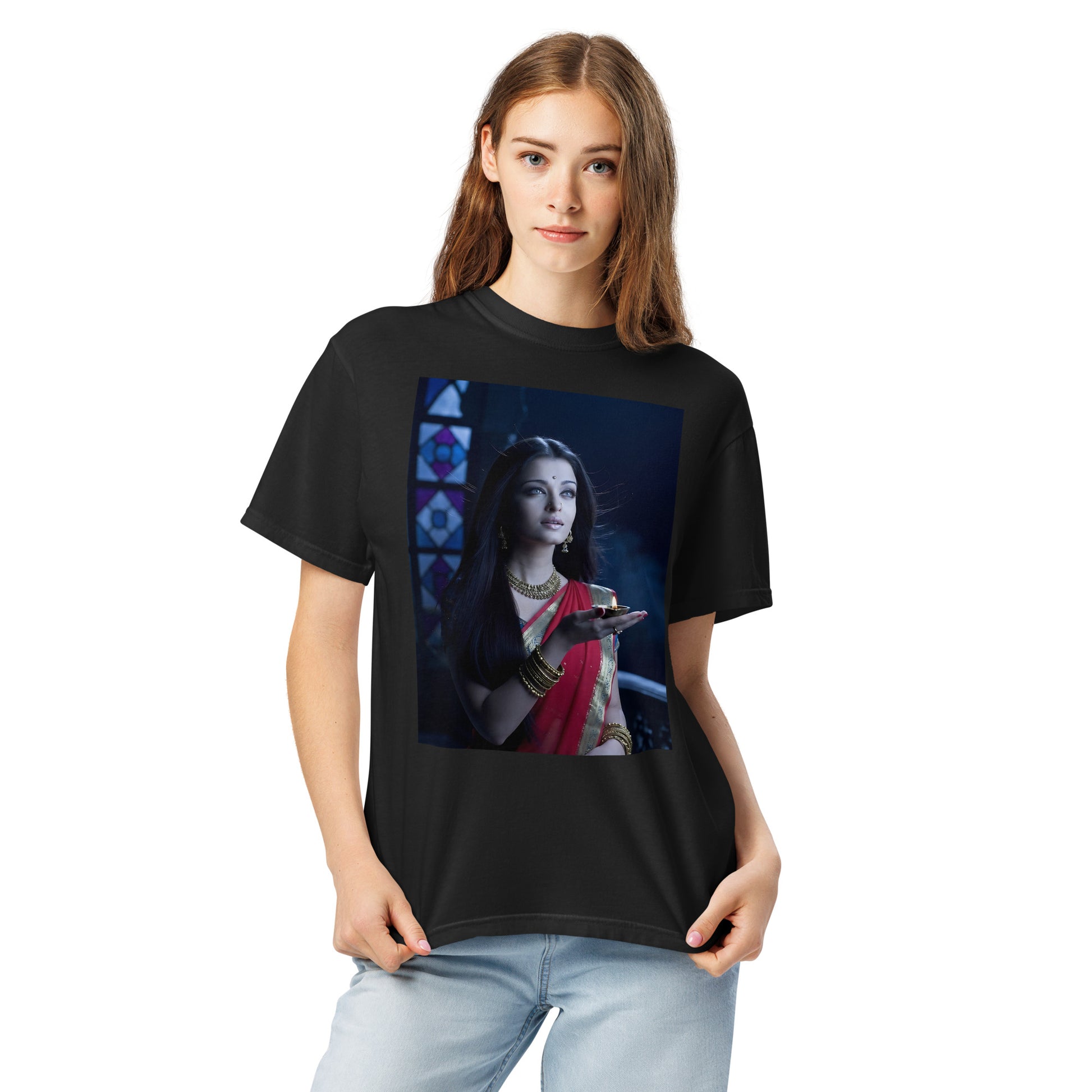 Model wearing Devdas Paro Bollywood poster tee
