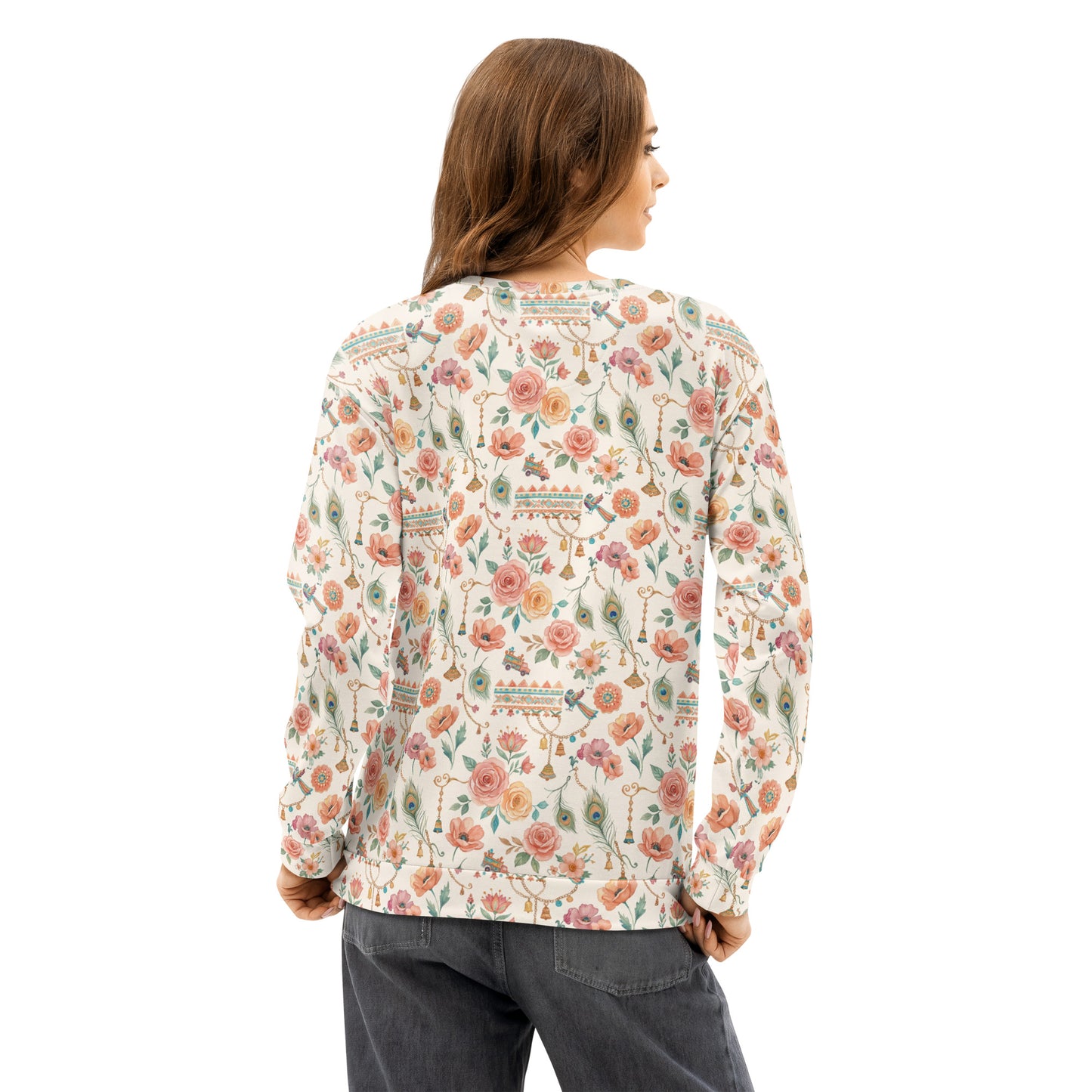 Model wearing phool patti print unisex crewneck