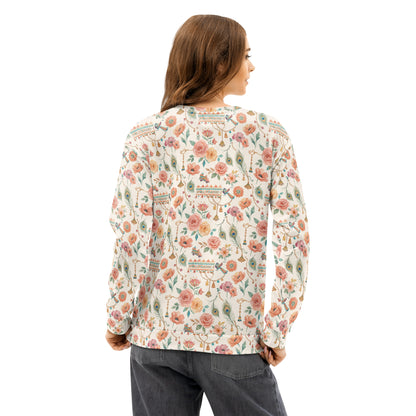Model wearing phool patti print unisex crewneck