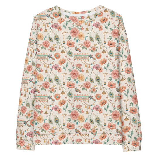 Front view of phool patti floral print inspired unisex crewneck