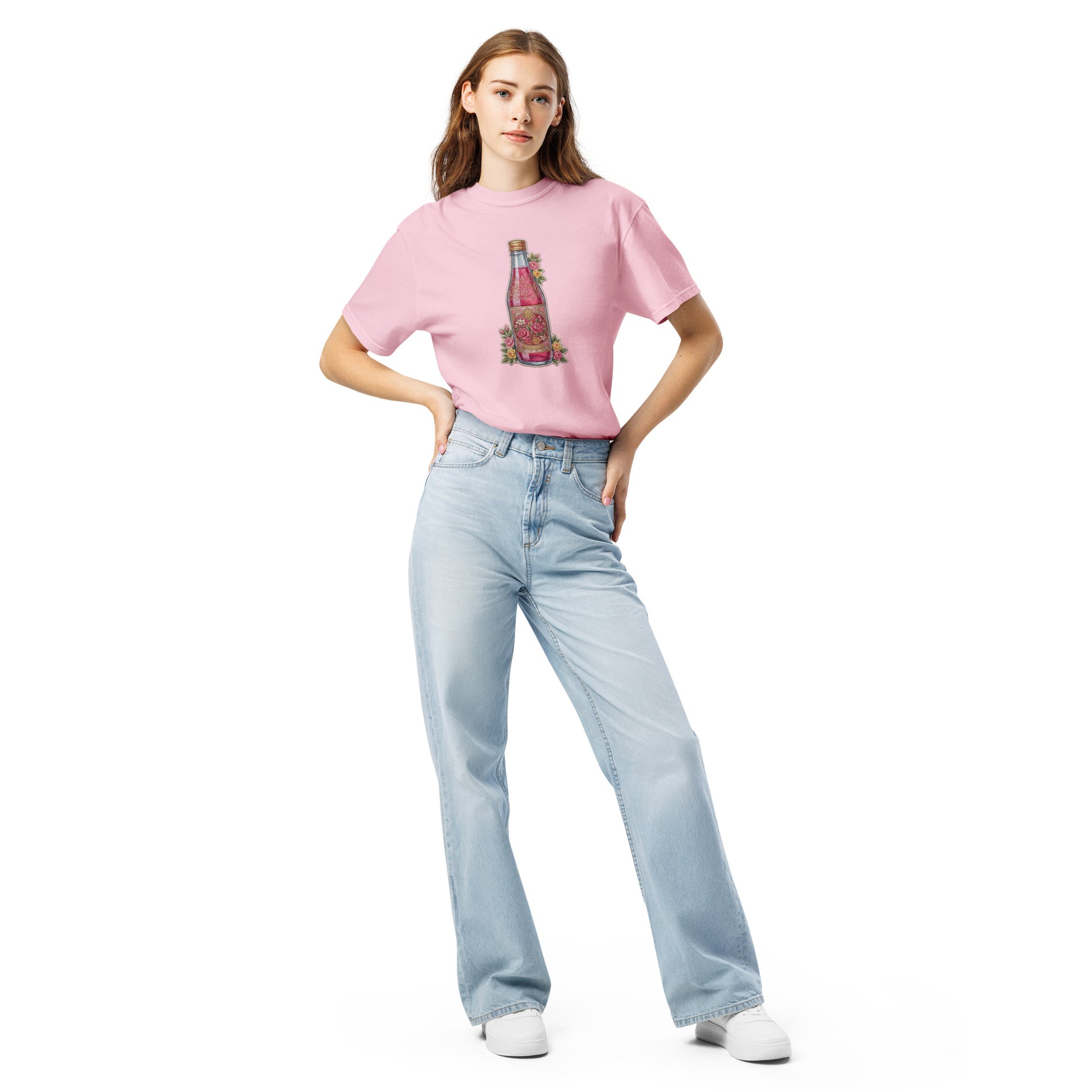 Model wearing Rooh Afza print graphic tee