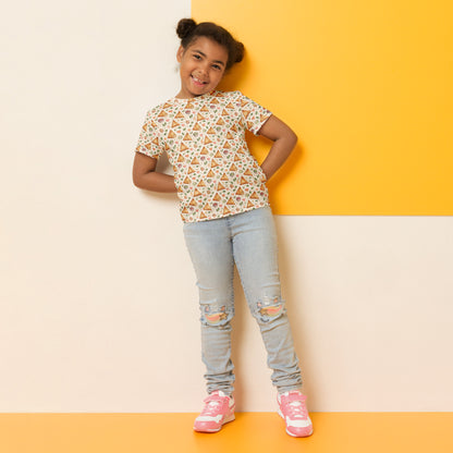Model wearing samosa print little kids tee