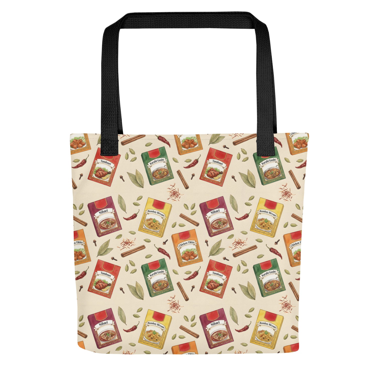 Front view of Shaan Masala inspired tote bag