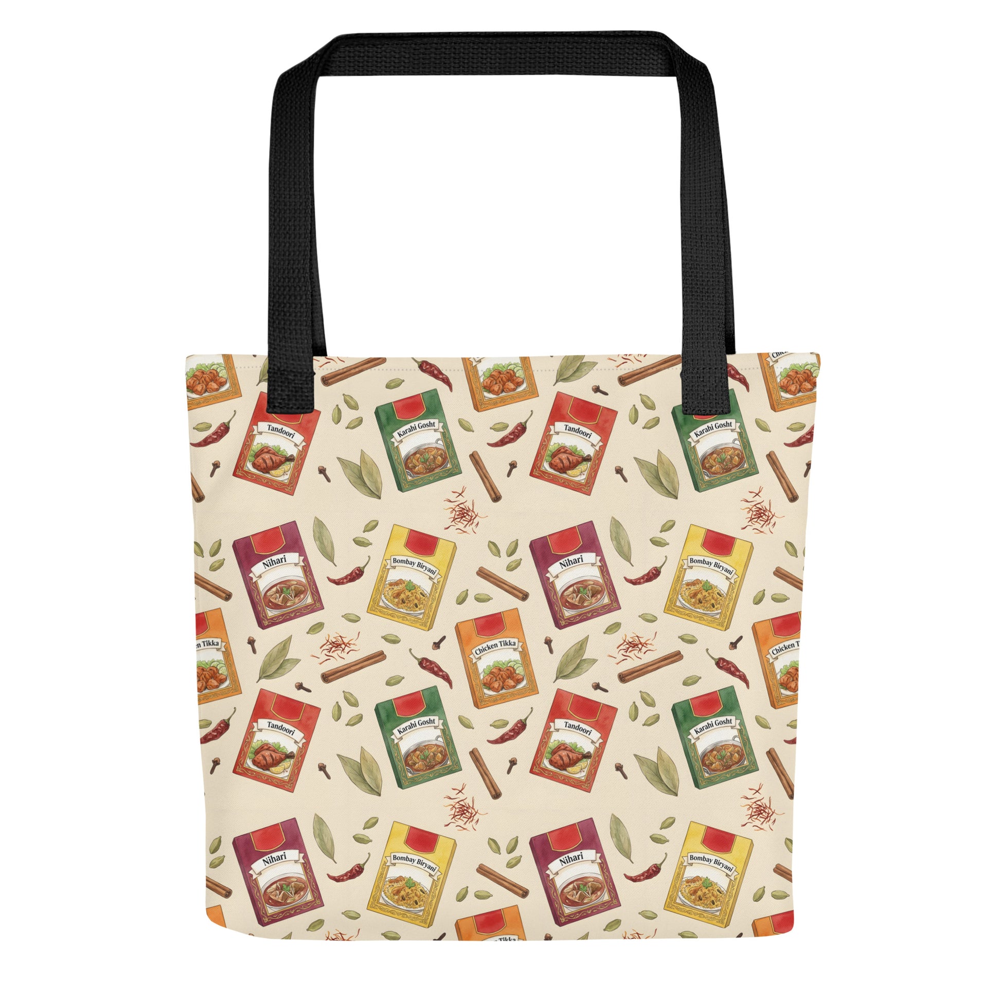 Front view of Shaan Masala inspired tote bag