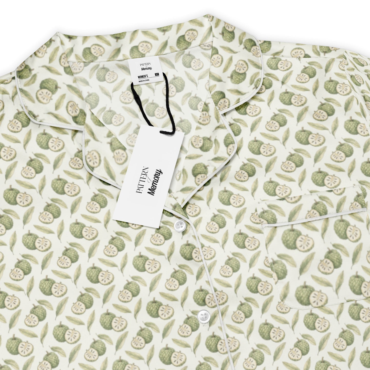 Closeup view of sitaphal custard apple fruit print pajama top inspired by South Asian nostalgia and heritage