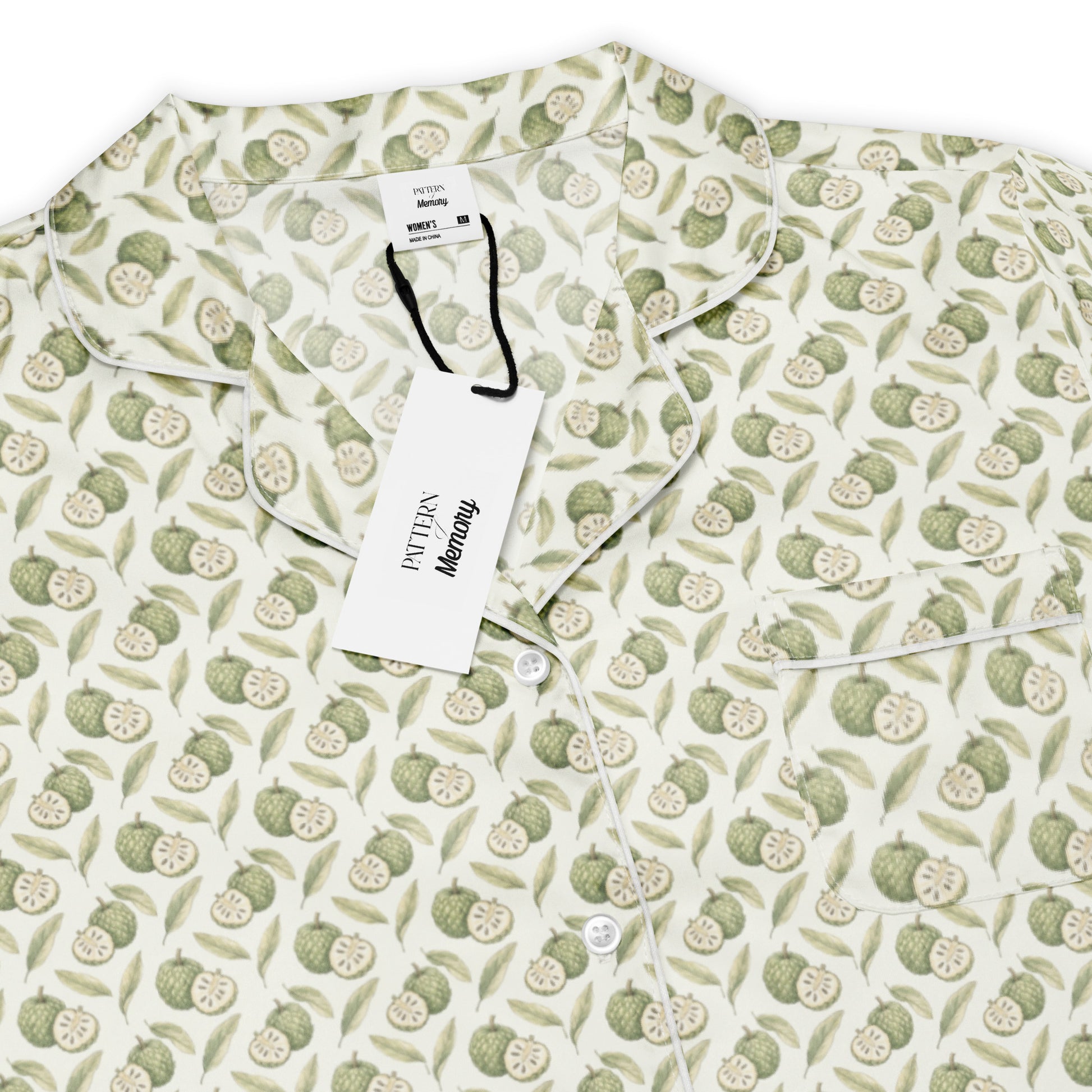 Closeup view of sitaphal custard apple fruit print pajama top inspired by South Asian nostalgia and heritage