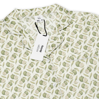 Closeup view of sitaphal custard apple fruit print pajama top inspired by South Asian nostalgia and heritage