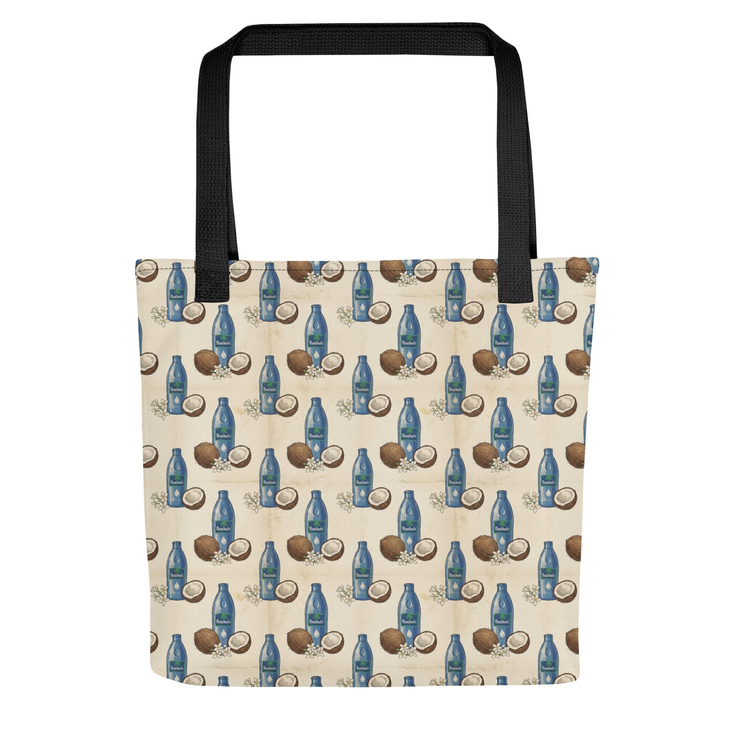 Front view of tote bag with tail malish coconut oil inspired print 