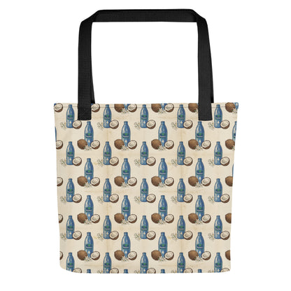 Front view of tote bag with tail malish coconut oil inspired print 