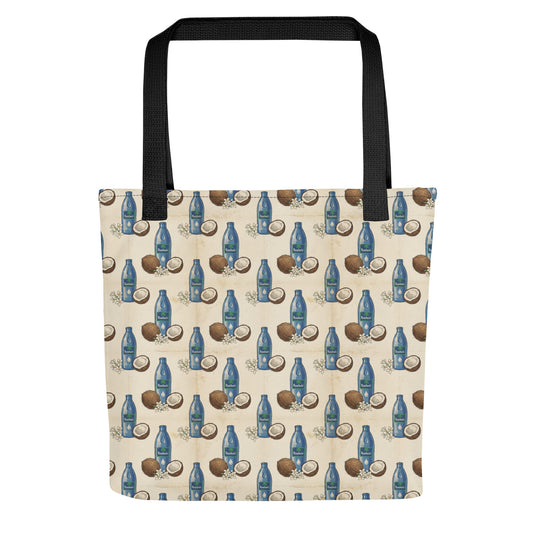 Front view of tote bag with tail malish coconut oil inspired print 