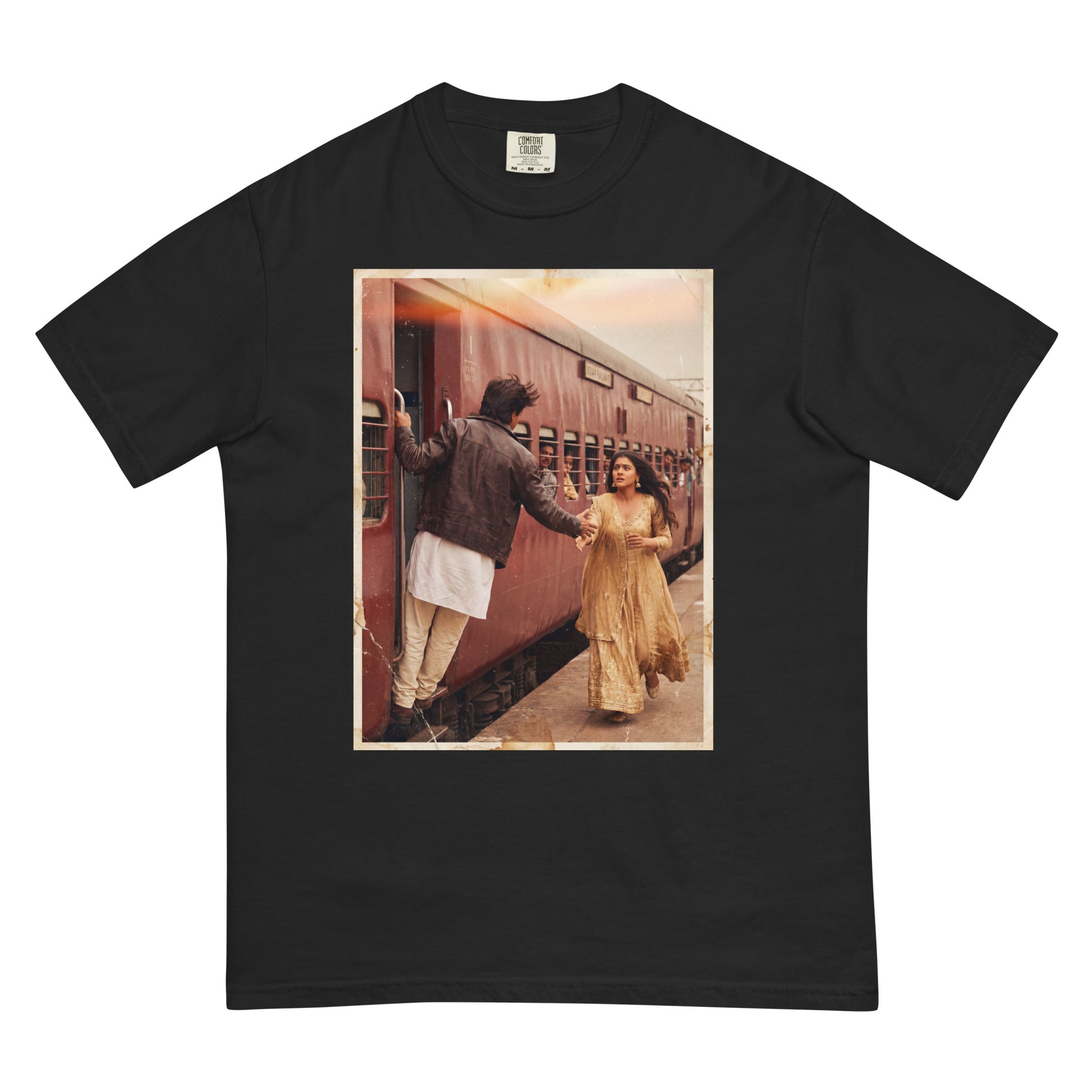 Front view of DDLJ train scene inspired Bollywood poster tee