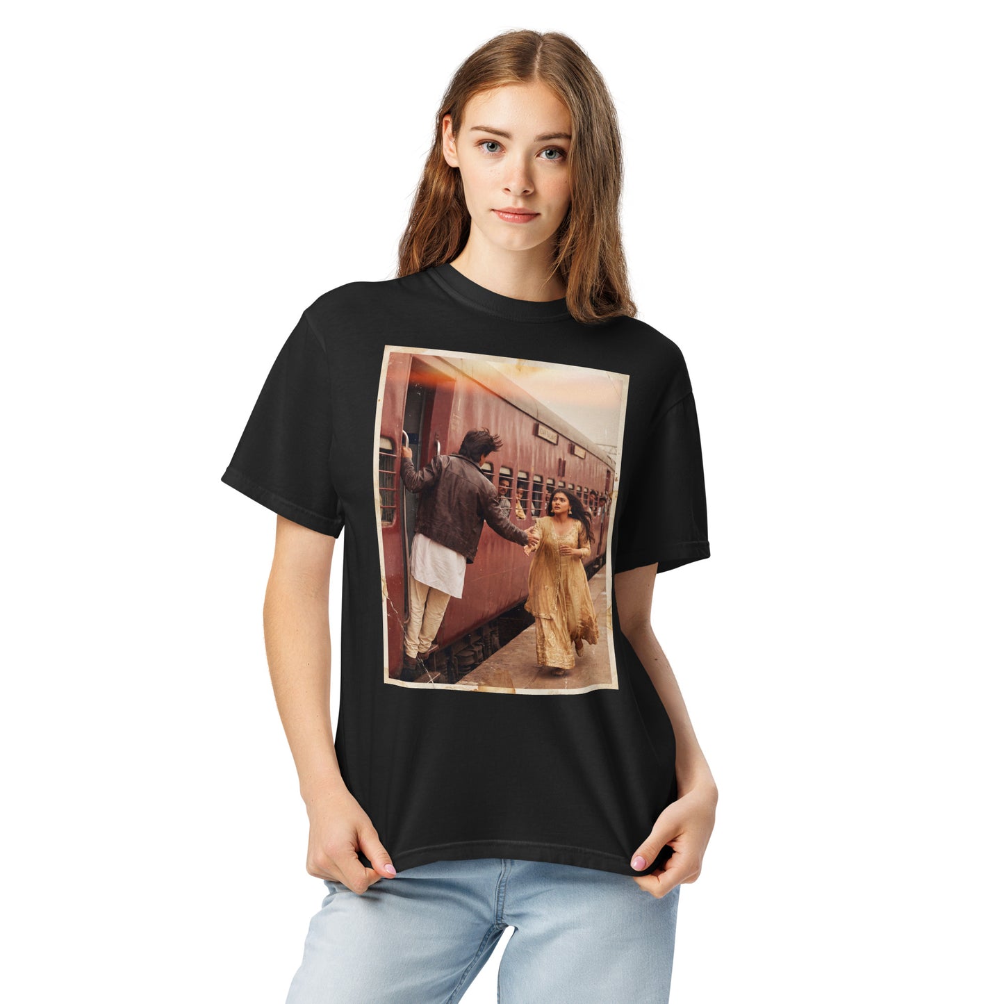 Model wearing DDLJ train scene inspired Bollywood poster tee