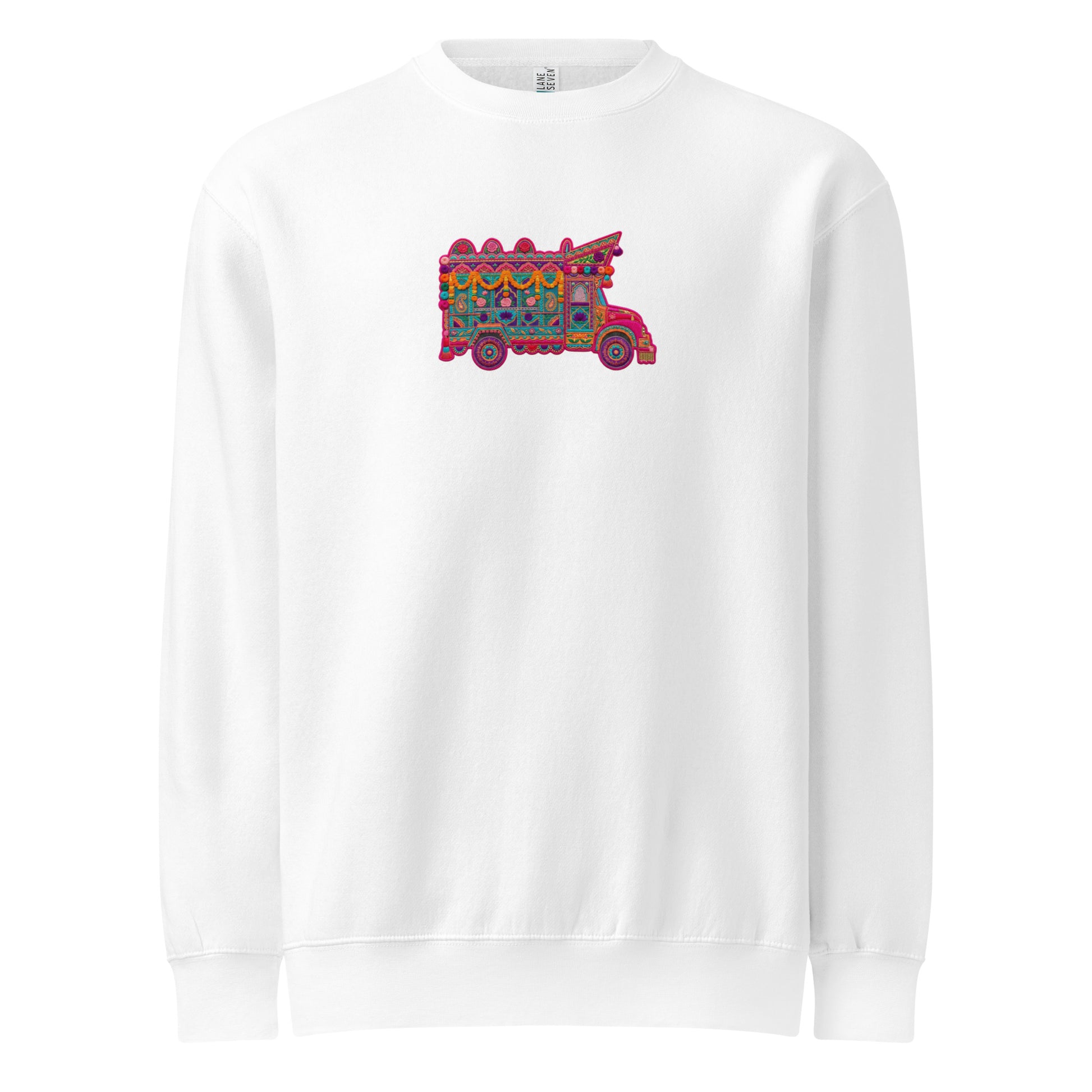 Front view of Pakistani truck art inspired unisex crewneck