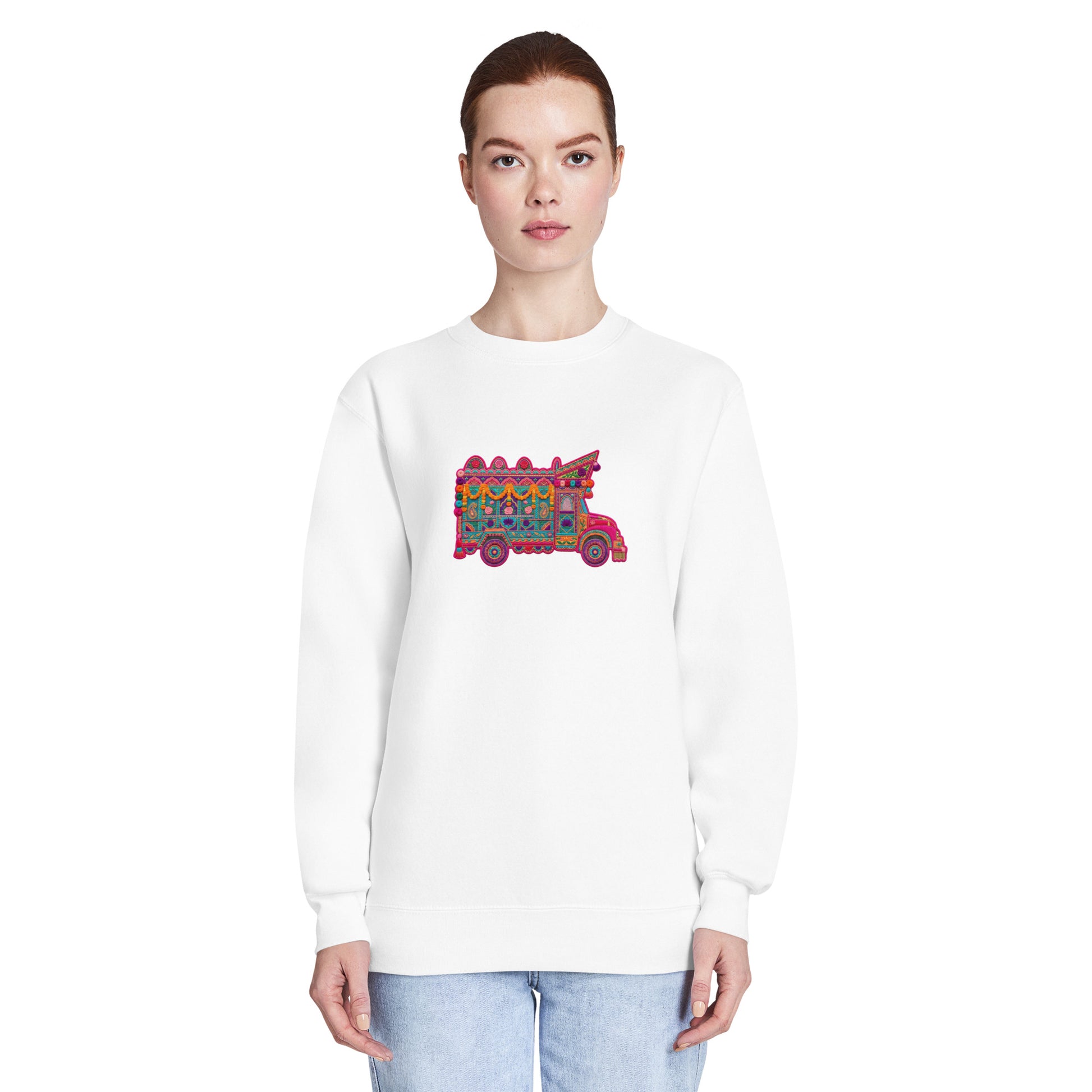 Model wearing Pakistani truck art inspired unisex crewneck