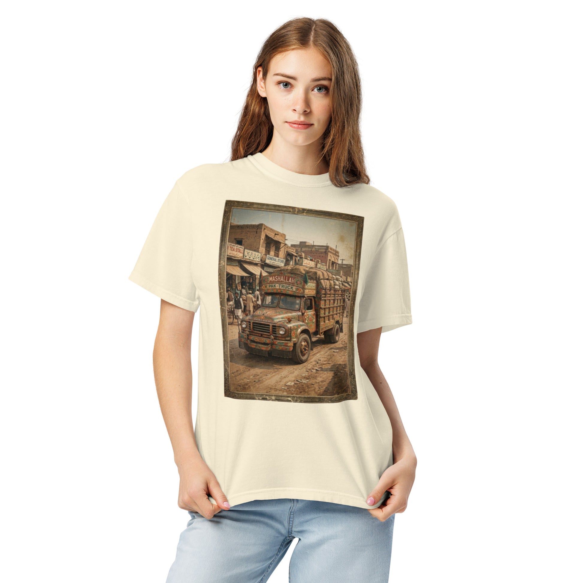 Model wearing truck art inspired poster tee