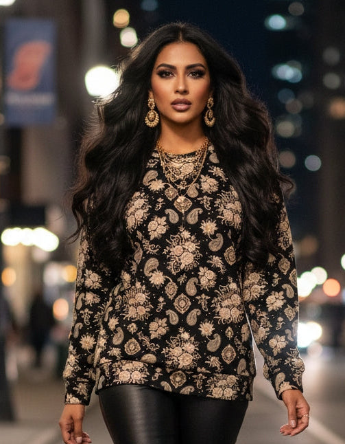 Model wearing zardozi inspired crewneck